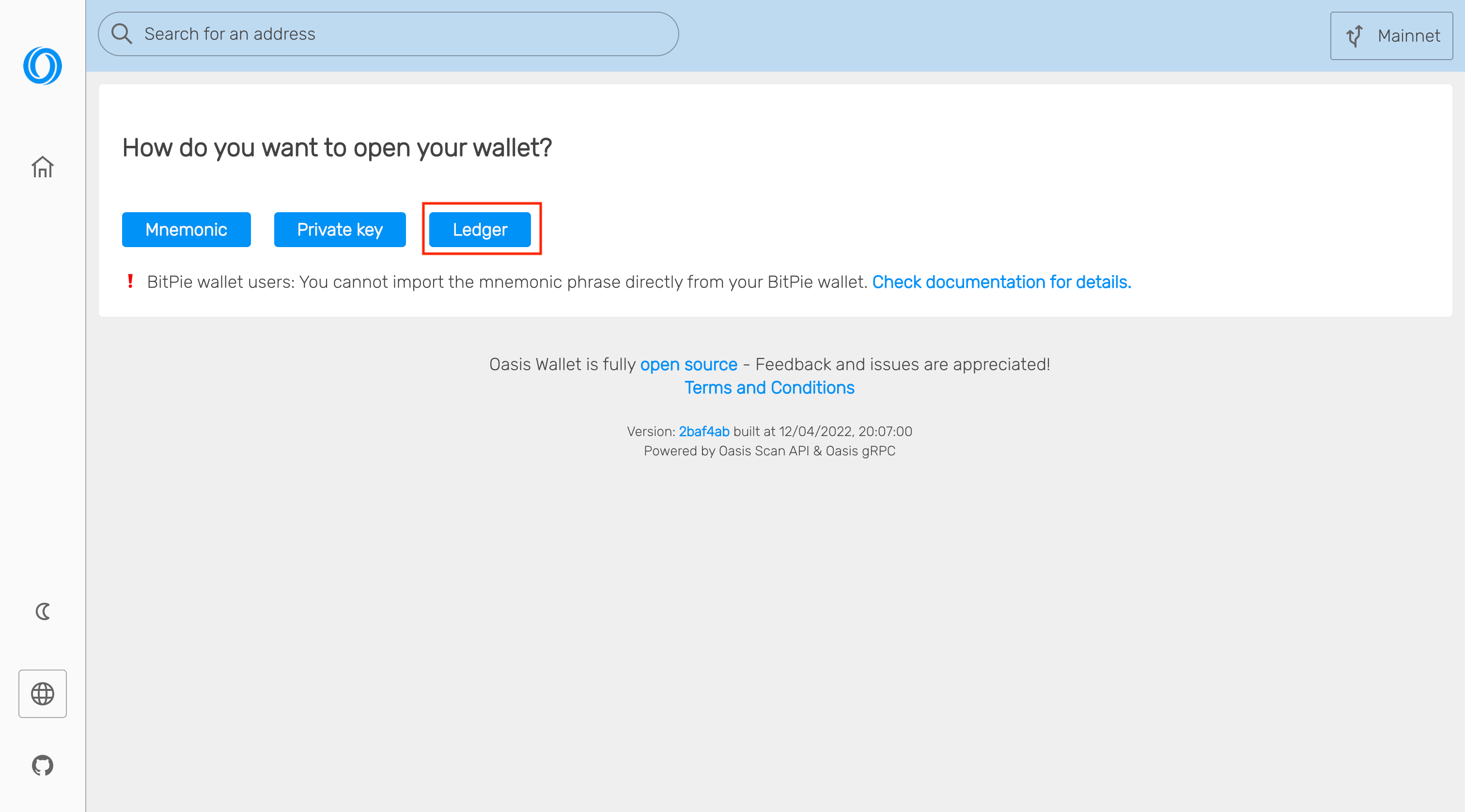 Oasis Wallet - Web -&gt; Open wallet -&gt; Ledger
