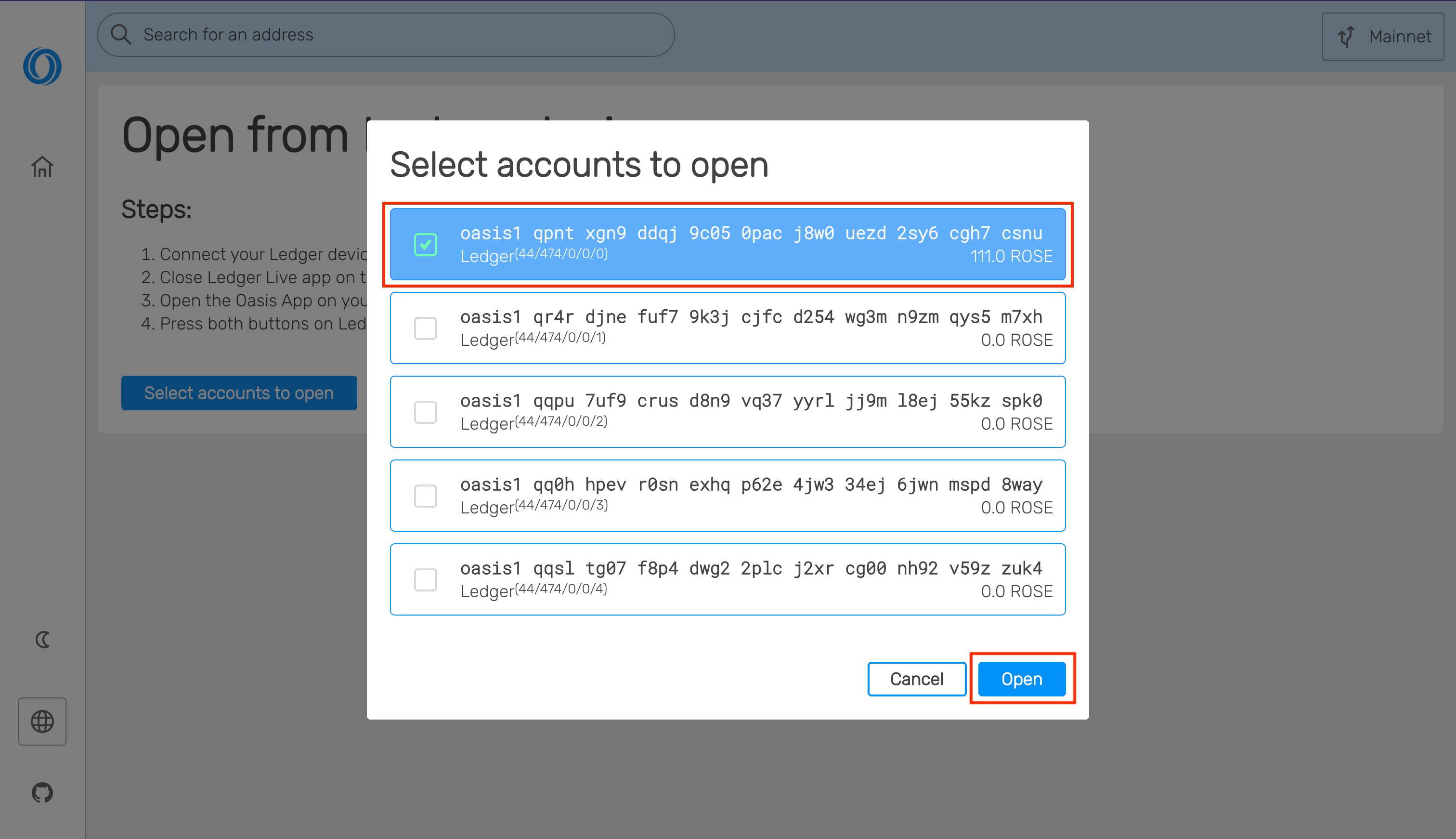 Oasis Wallet - Web -&gt; Select one or more accounts