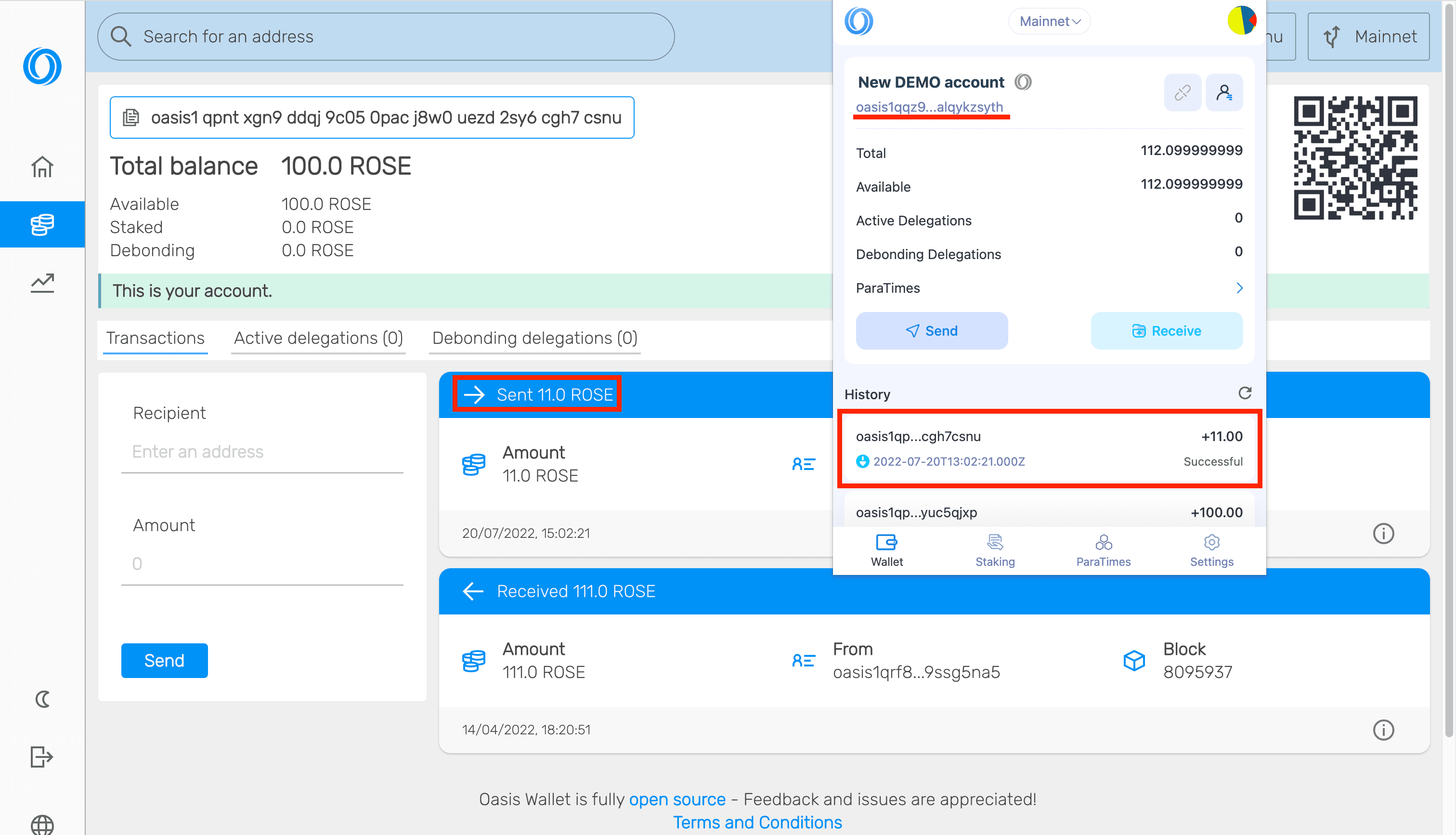 Oasis Wallet - Web -&gt; Ledger -&gt; Verify Balance